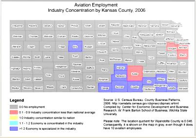 Kansas Aviation employment levels, present, compared to national aviation employment averages. - CLICK ON MAP TO ENLARGE