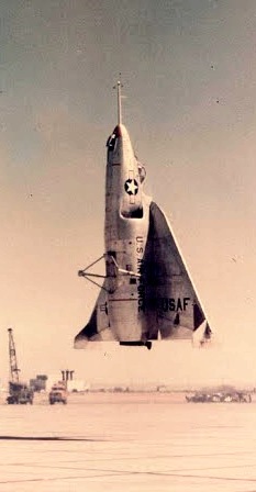 The Ryan X-13 Vertijet, one of the first vertical-takeoff jets, hovering a few feet above the ground; CLICK TO ENLARGE